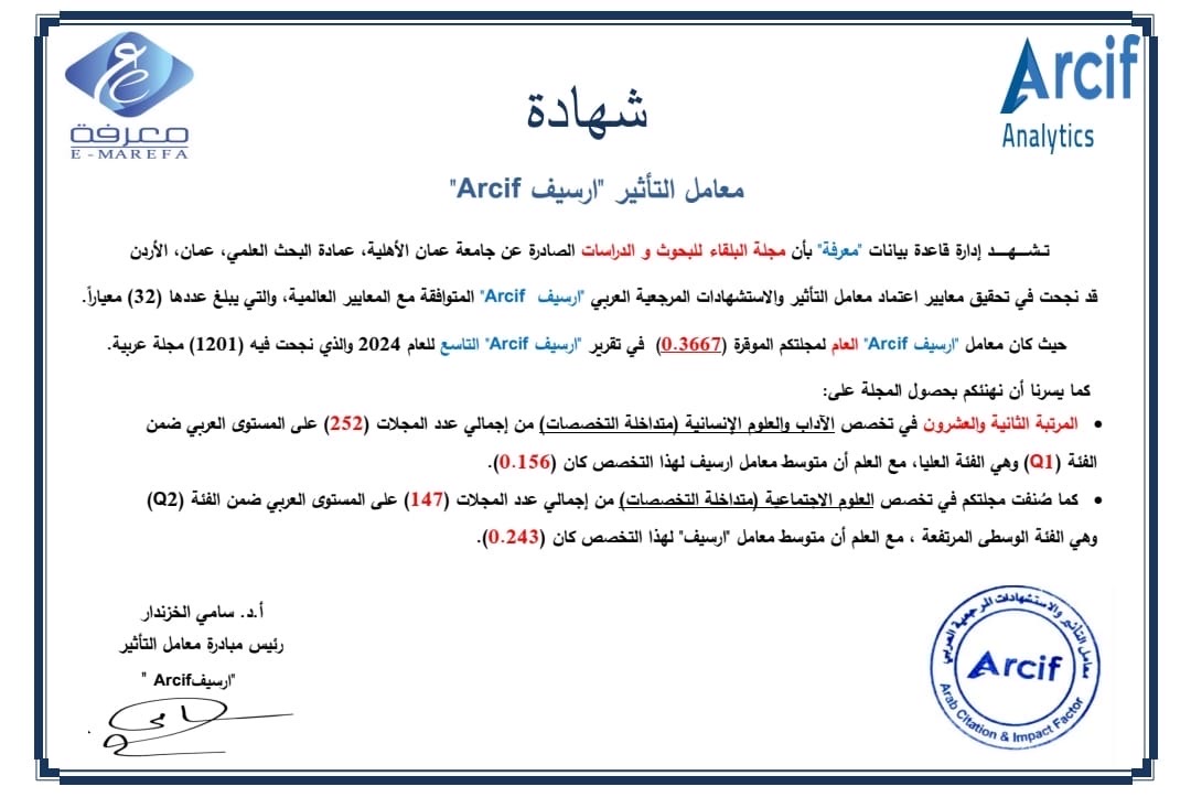 مجلة البلقاء في عمان الأهلية ضمن الفئة الأولى (Q1)  بتخصصات الآداب والعلوم الإنسانية عربياً وفق تصنيف 